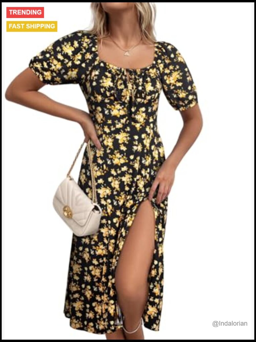 High Waist A-Line Midi Dress with Side Split and Tie Front - Picture 5 of 7